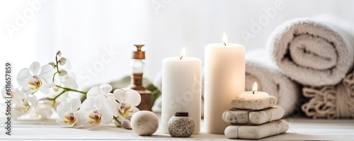 Beauty treatment items for spa procedures on white wooden table and marble wall. massage stones  essential oils and sea salt. candle  rolled up white towel  plants  copy space