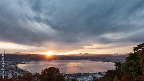 諏訪湖の夕焼けと夜景のタイムラプス