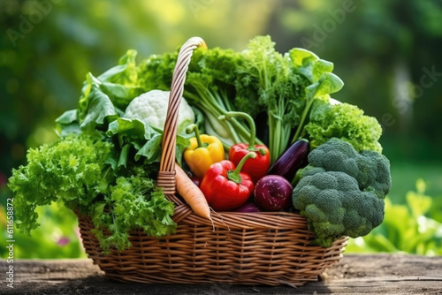  fresh vegetables in a basket. On a background of nature © STORYTELLER AI
