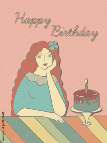Postcard cute girl sitting with a cake, happy birthday, it's your day