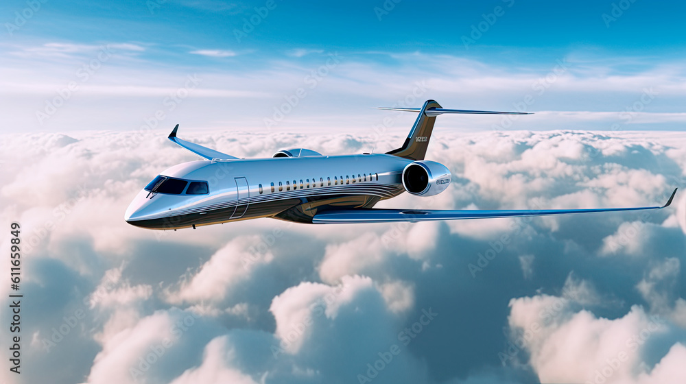 Private jet flying over the earth. Empty blue sky with white clouds at background. Business Travel Concept. Horizontal.	
 - obrazy, fototapety, plakaty 
