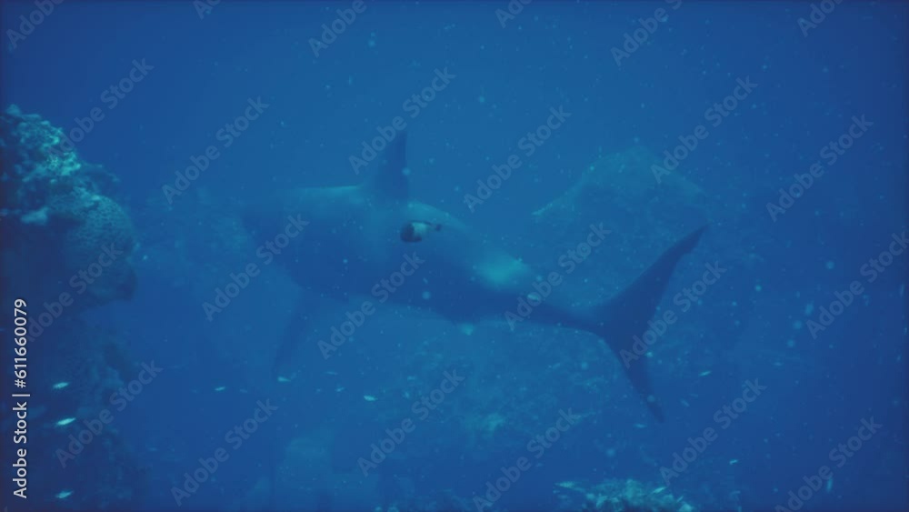 The big white shark spotted swimming past the coral reef The big white shark spotted swimming past the coral reef