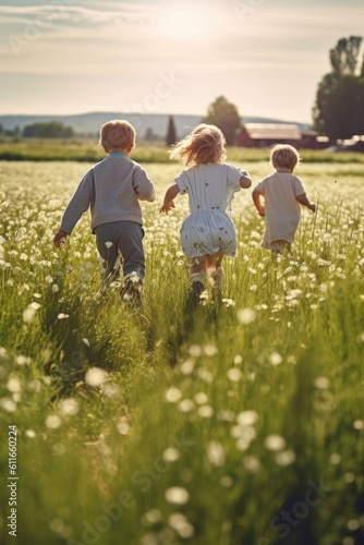 Foto Back view of young children running over a blossoming meadow on a sunny summer d