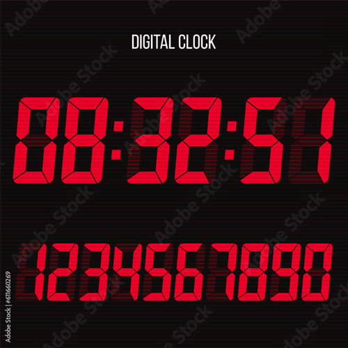 Digital clock with lcd display. LCD numbers for a electronic devices. Glowing numbers. Vector illustration.