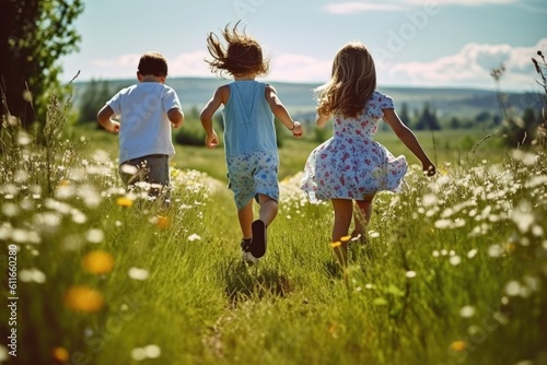 Back view of young children running over a blossoming meadow on a sunny summer day