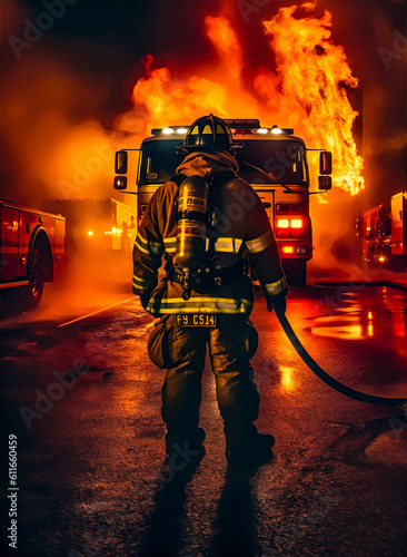 A firefighter is standing in front of a fire truck, wearing protective gear and holding a hose, generative AI 