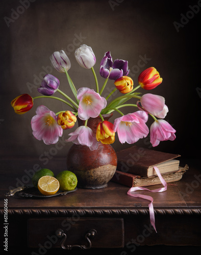 Still life with tulips in a clay jug and old books on a wooden table. Dark and moody