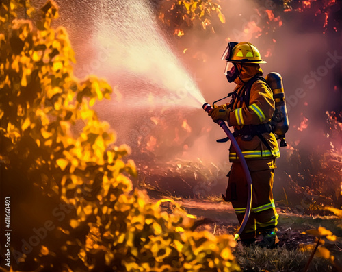 Firefighter spraying water from his hose, generative AI 