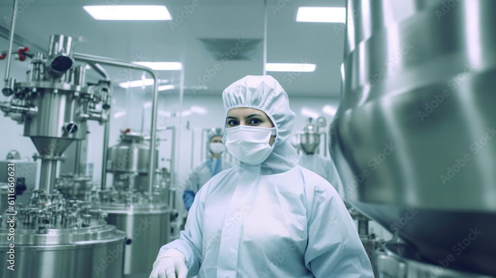 Biotechnology production facility, pharma. Clean production room with worker in protective suit. Generative AI image. Biotechnology production facility, pharma. Clean production room with worker in protective suit. Generative AI image.