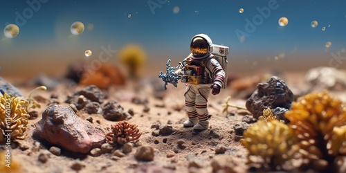 AI Generated. AI Generative. Miniature space astronaut game toy figure on game surface. Astronomy galaxy future space adventure vibe. Graphic Art