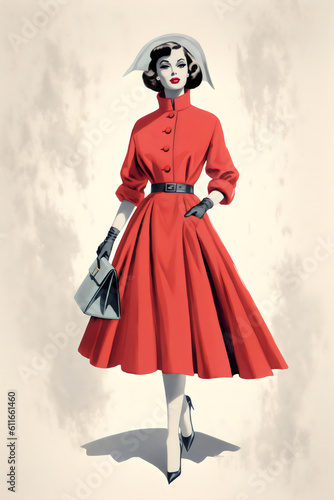 vintage fashion illustration of woman in red belted coat dress in 50s 60s style  made with generative ai