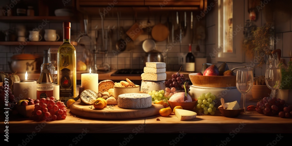 AI Generated. AI Generative. Kitchen party with wine cheese beverage food meal alcohol grape cuisine fresh drink meat. Graphic Art