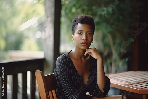 Black woman, short haircut, sitting on a wooden chair, on the veranda, looking at the camera. Generated AI