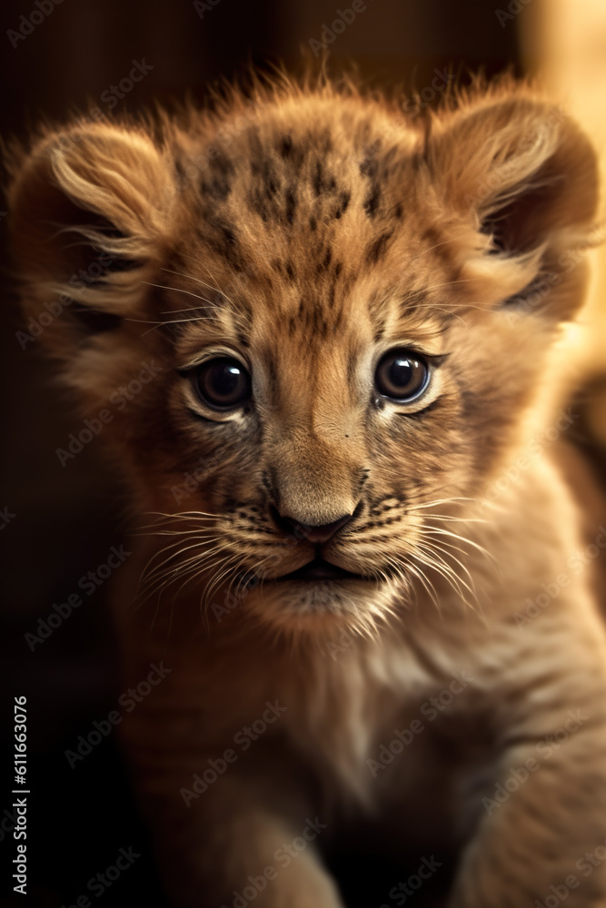 Fototapeta premium A close up of a small lion cub. Generative AI.
