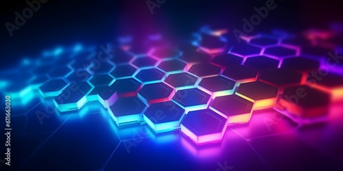 Abstract and Futuristic Hexagonal Background with Colorful and Glowing Neon Effect. Modern Technology Background. Generative AI
