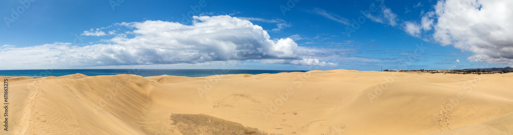 Dünen von Maspalomas auf der Insel Gran Canaria an der Küste des atlantischen Ozeans, Panorama.