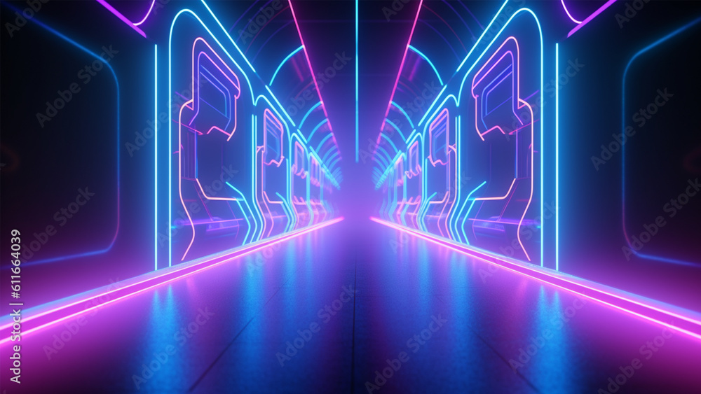 Naklejka premium neon electric vibe 3d illustration gaming tunnel future technology corridor dark night