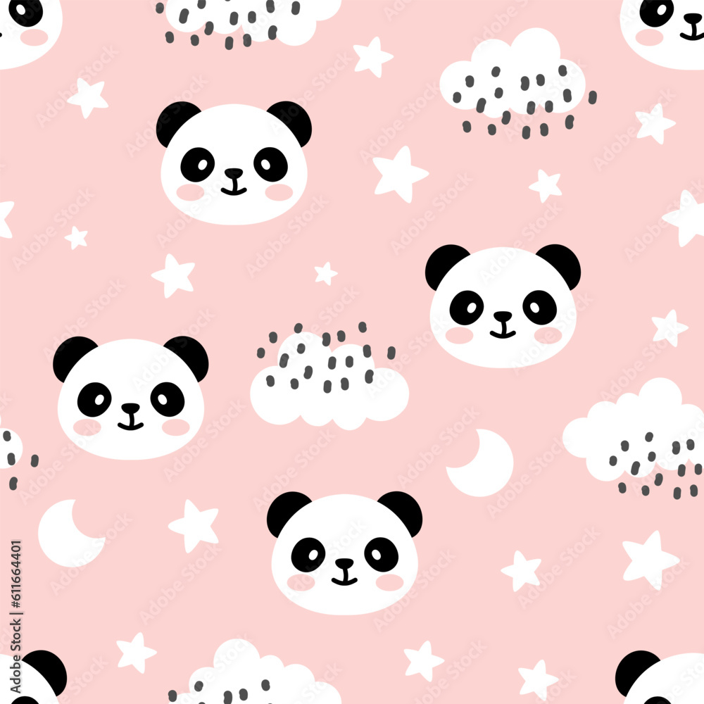 Adorable panda bear with stars and clouds on a pink baby girl seamless pattern background, kids cute woodland animals fabric and textile print design.