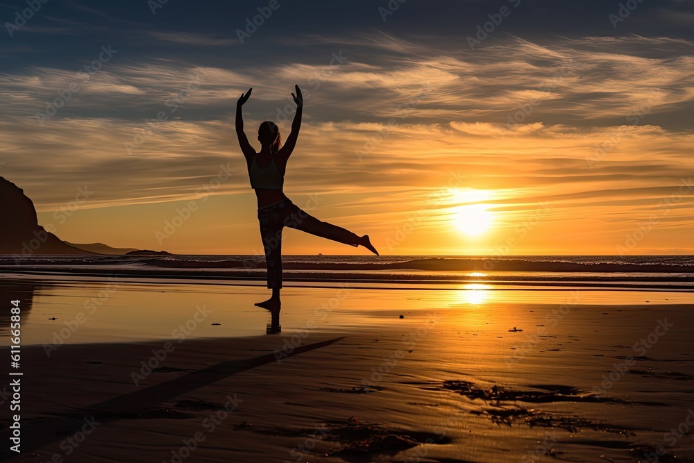 Woman doing yoga on a beach at sunrise