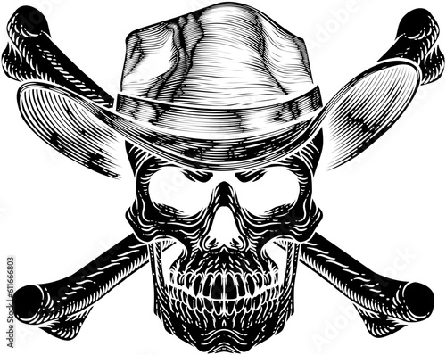 A cowboy grim reaper skull wearing a country or western style hat with pirate cross bones