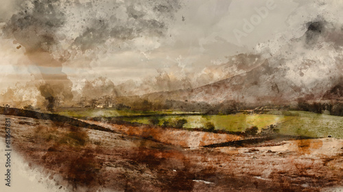 Digital watercolour painting of Stunning Winter sunset golden hour landscape image of view from Wast Water over countryside in Lake District towards the Western district © veneratio