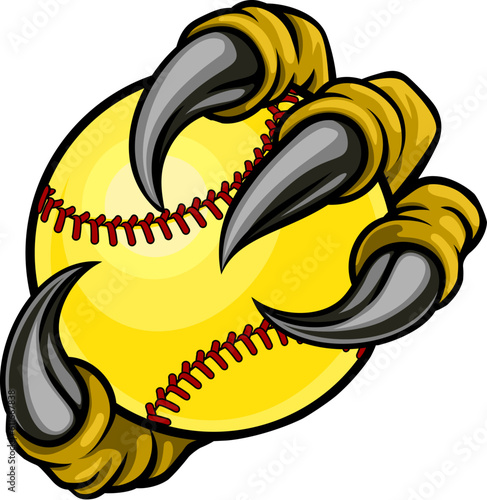 A claw monster talons hand holding a softball ball