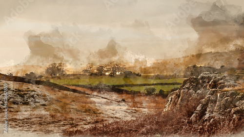 Digital watercolour painting of Stunning Winter sunset golden hour landscape image of view from Wast Water over countryside in Lake District towards the Western district