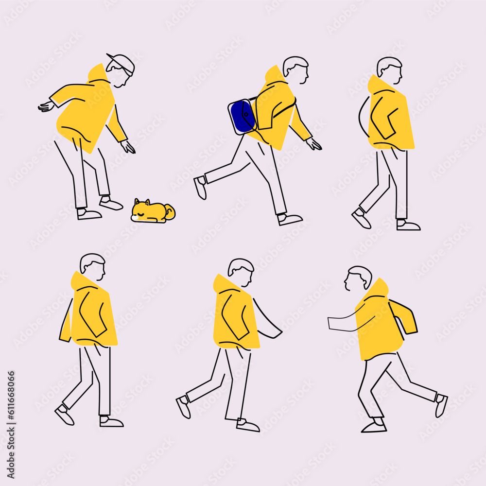 Set of man, boy walking icon character with simple lines vector illustration. Set of man, boy walking icon character with simple lines vector illustration.