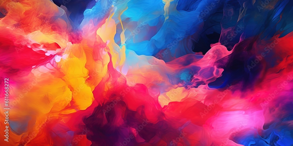 abstract watercolor background in blue, red, yellow and orange colors. created with generative AI technology.