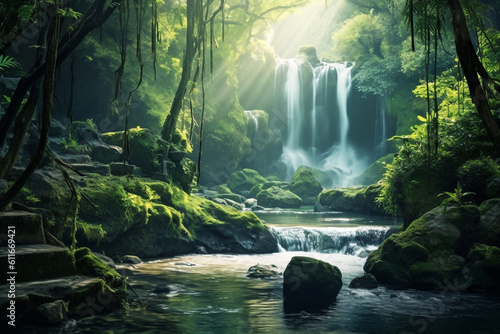 A waterfall in the forest  with a powerful and serene presence and a sense of tranquility and renewal