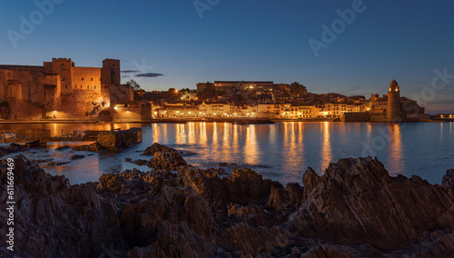 Beautifull view of Collioure at the Blue Hour, France