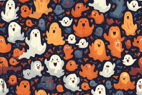 Colorful ghosts in a seamless repeat pattern wallpaper, created with generative ai