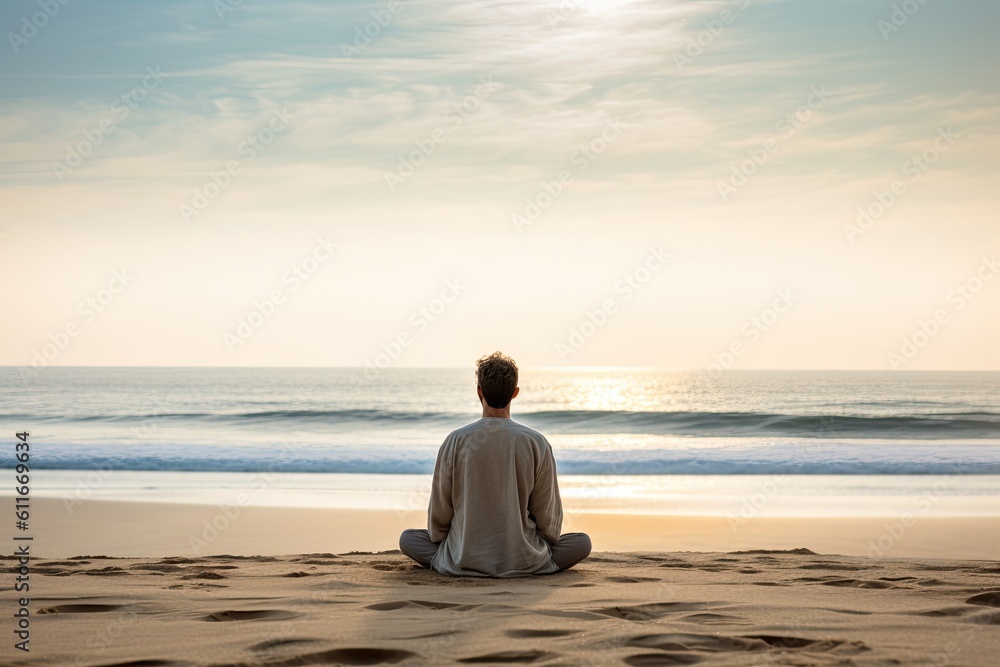Person sitting on a beach and practicing mindful breathing