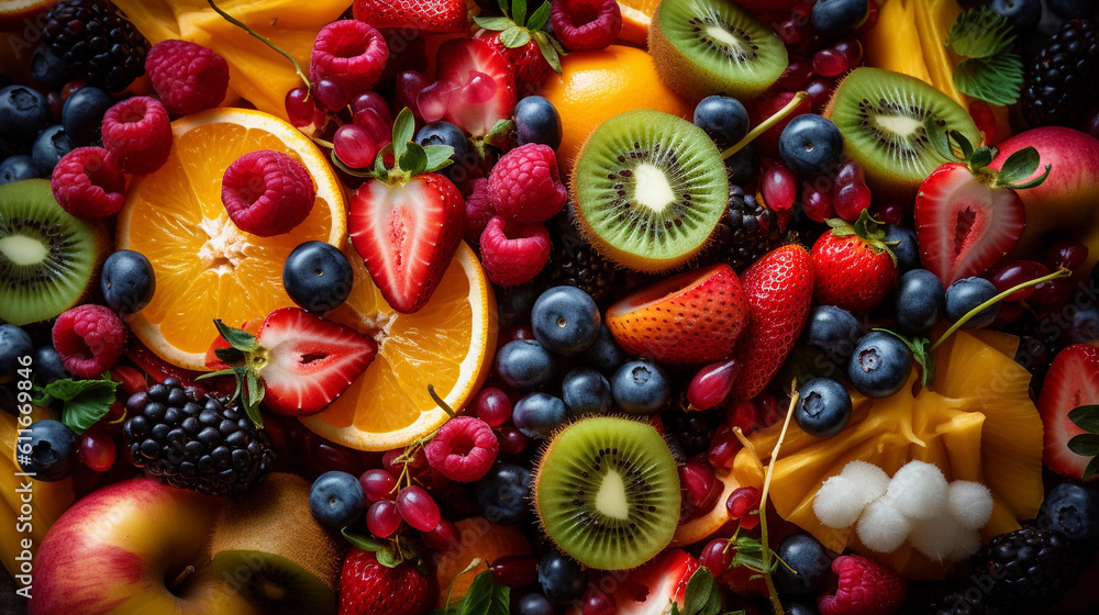 A close-up of a vibrant fruit salad, featuring a variety of colorful fruits