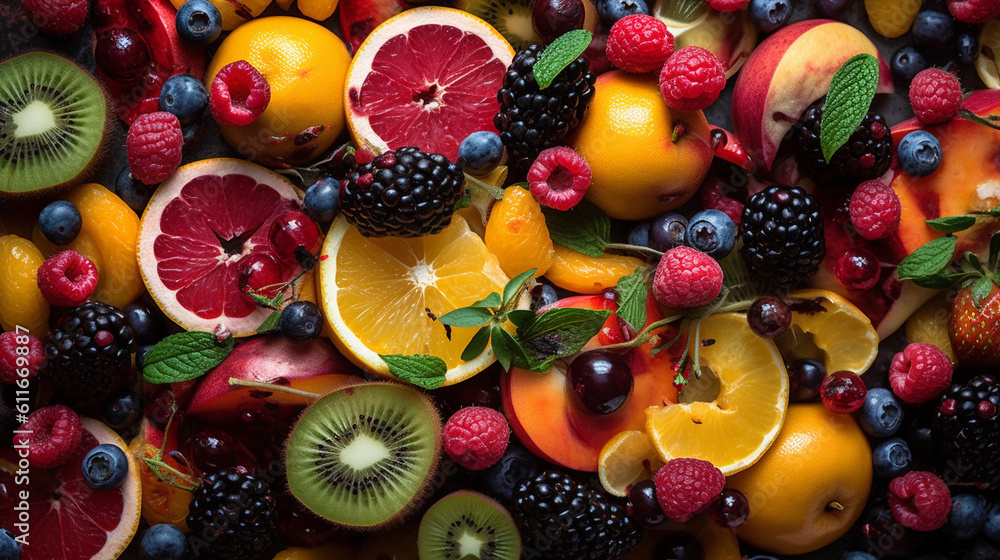 A close-up of a vibrant fruit salad, featuring a variety of colorful fruits