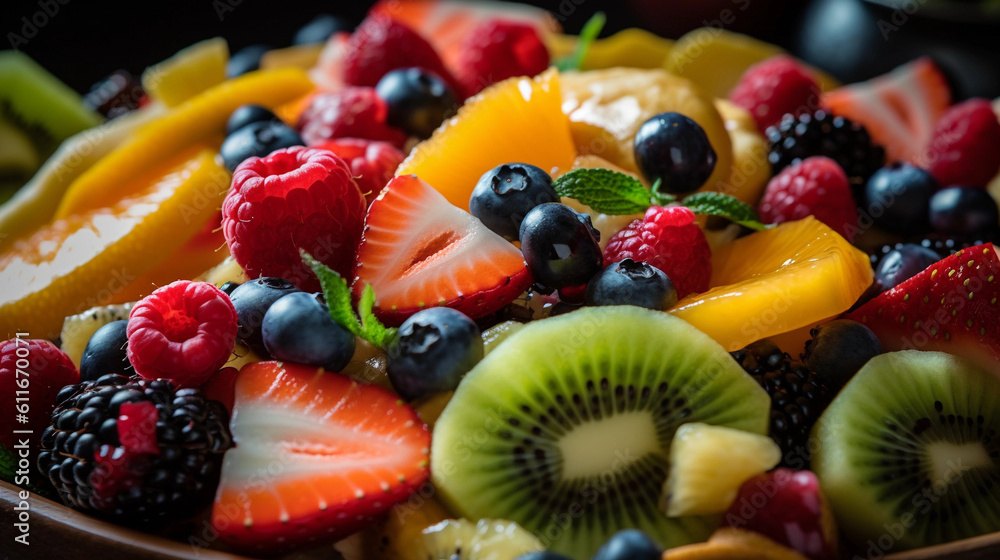 A close-up of a vibrant fruit salad, featuring a variety of colorful fruits A close-up of a vibrant fruit salad, featuring a variety of colorful fruits