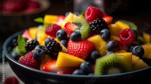 A close-up of a vibrant fruit salad  featuring a variety of colorful fruits