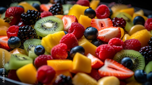 A close-up of a vibrant fruit salad  featuring a variety of colorful fruits