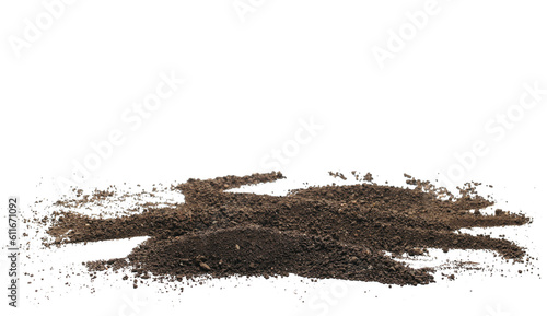Pile dirt, soil scattered isolated on white background, with clipping path