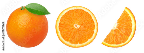 orange fruit with leaves, slices, and half isolated, Orange fruit macro studio photo, transparent png, PNG format, cut out.