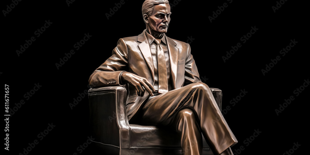 A bronze statue of a businessman stands in a room, illuminated by a bright light. - generative ai. A bronze statue of a businessman stands in a room, illuminated by a bright light. - generative ai.