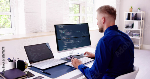 Plakat w ramie Computer Programmer Writing Program Code On Computer