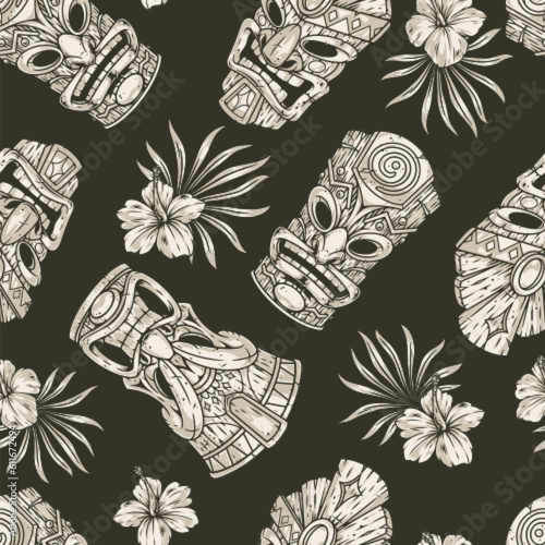 Tiki masks seamless pattern monochrome