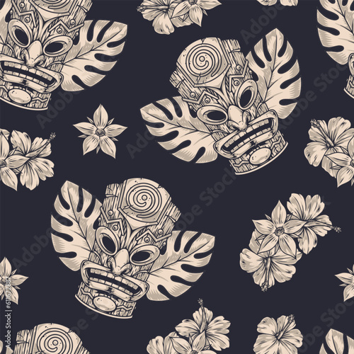 Tiki masks monochrome pattern seamless
