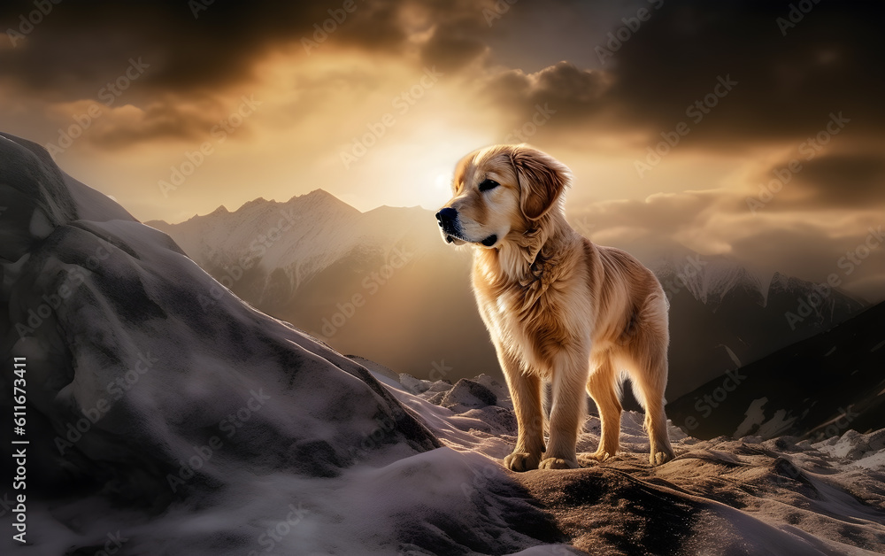 golden retriever puppy in background of sunny sunset in snow - generative ai golden retriever puppy in background of sunny sunset in snow - generative ai