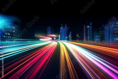 Vibrant City Light Trails in Motion: A Colorful Background, Generative AI.