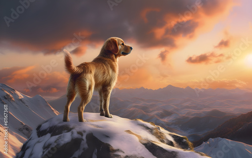 golden retriever puppy in background of sunny sunset in snow - generative ai