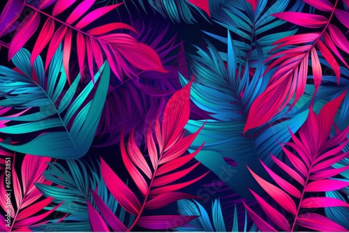 Magenta and Azure Tropical Leaves Create an Abstract Background, Generative AI.