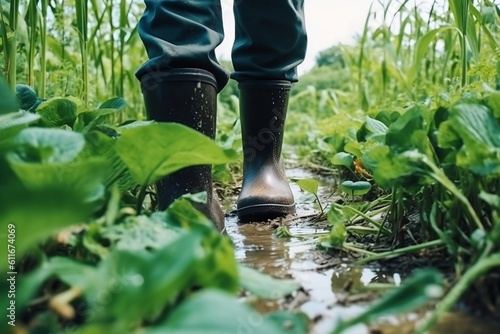 Farmer s Feet in Rubber Boots Close Up. Generative AI