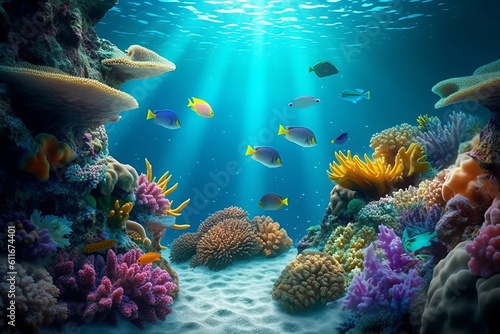 A Colorful Coral Reef Scene with Tropical Fish, Sunlight, and Clear Ocean Water - Perfect for Travel Concept and Digital Design Art, Generative AI.